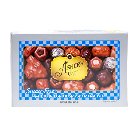 Silver chocolate box with images of dark and milk chocolate
