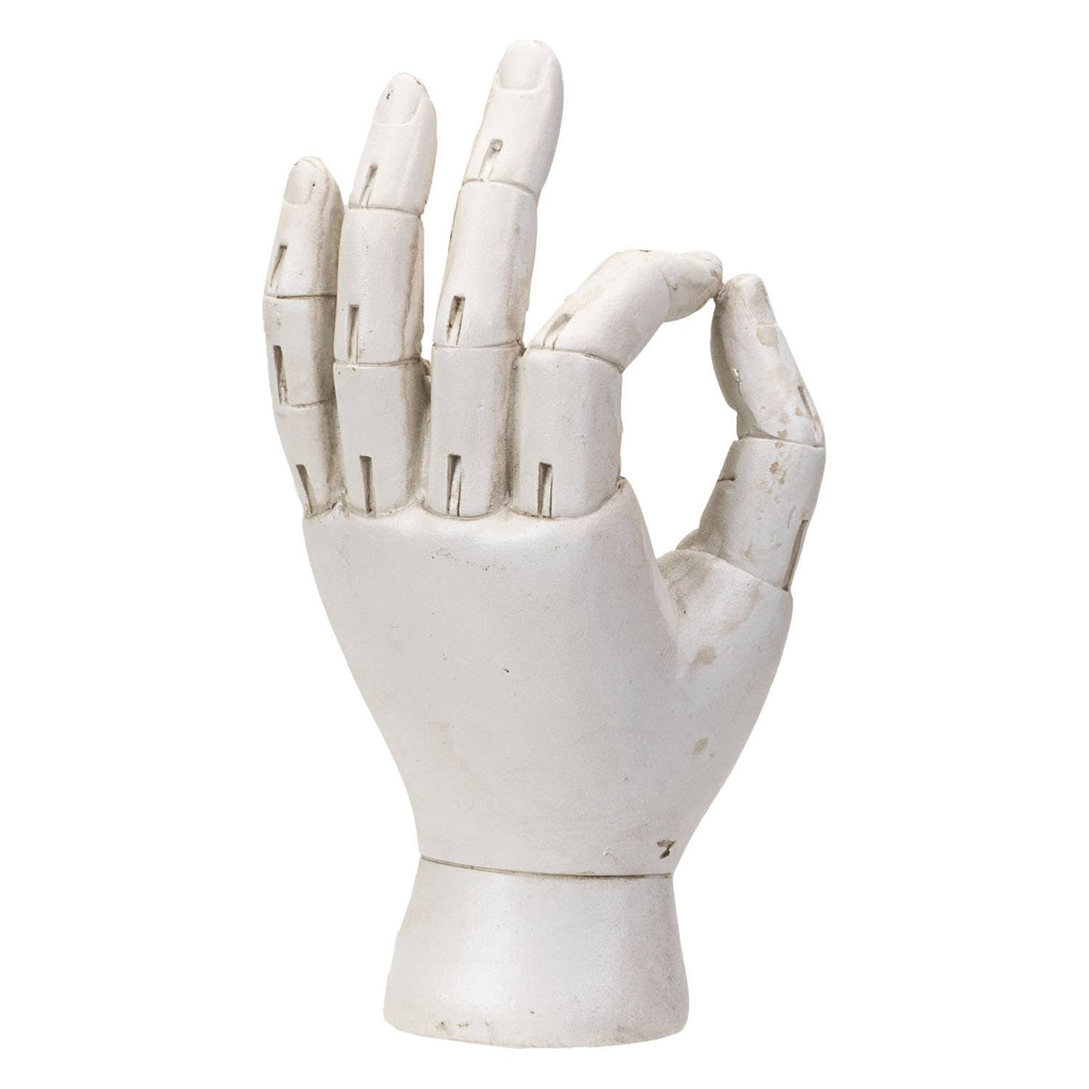 White anatomical model of a hand on a white background