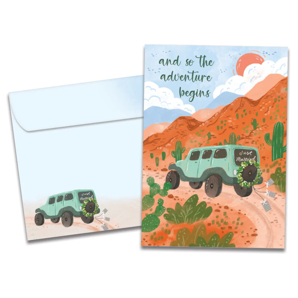 the adventure begins card tan and blue cover with a jeep