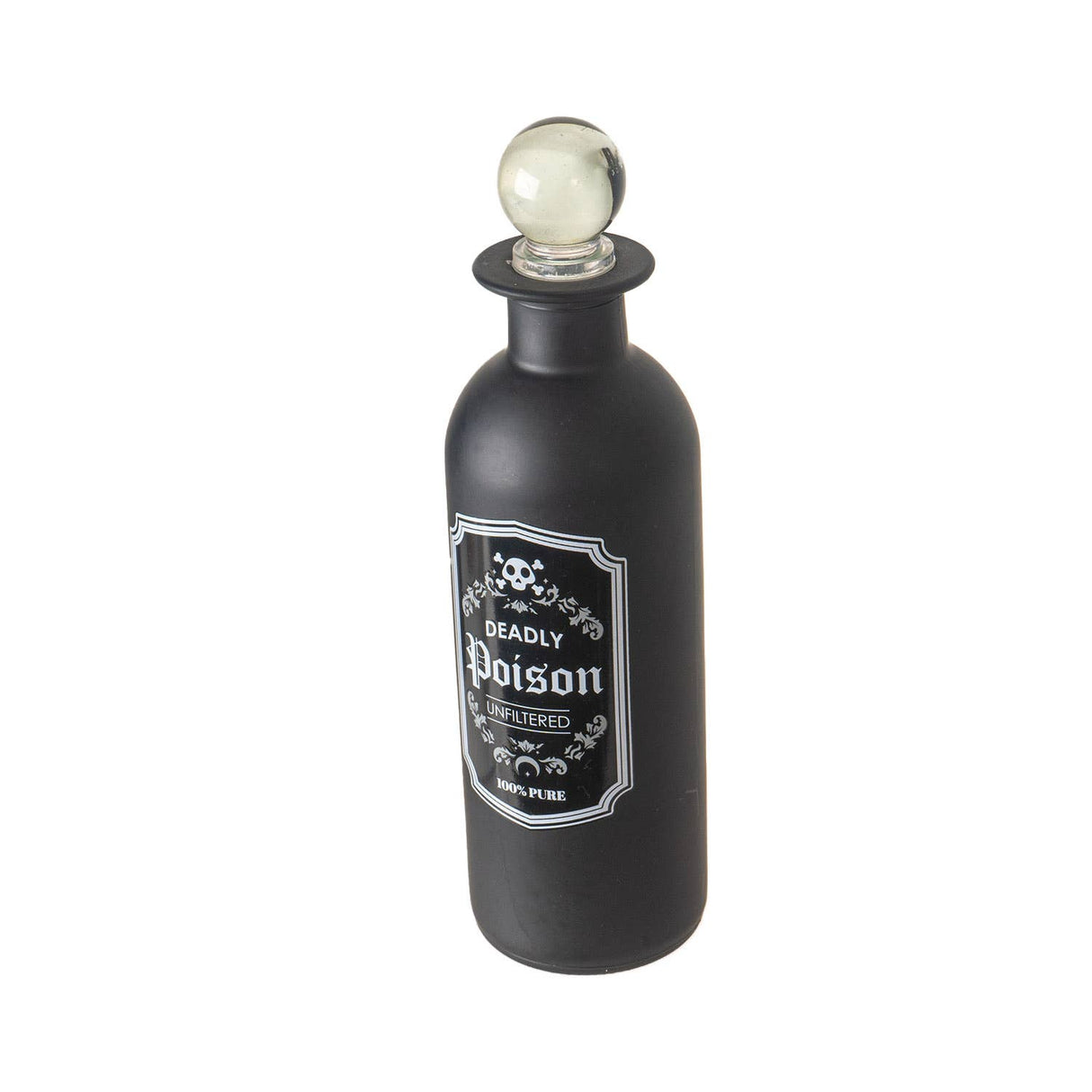 A black glass bottle with a round clear glass stopper and a vintage-style label reading 'Deadly Poison' on a plain white background.
