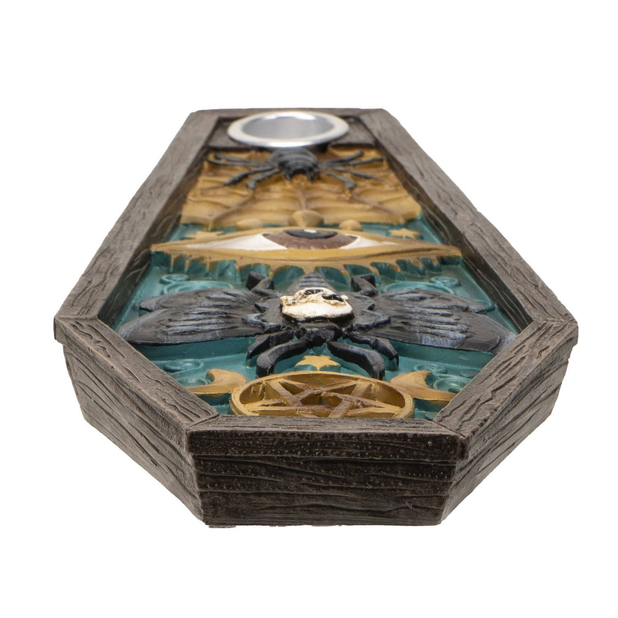 A coffin-shaped decorative box with a dark wood-grain frame and a gothic-themed interior featuring black spiders, gold web motifs, and a central skull detail, shown on a plain white background.