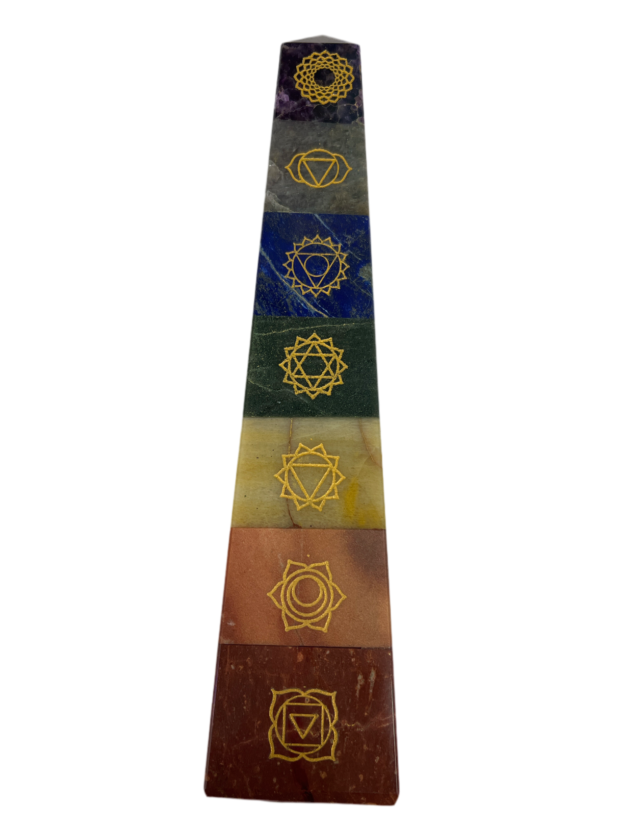 Extra large tower with the 7 chakras represented in colored crystals