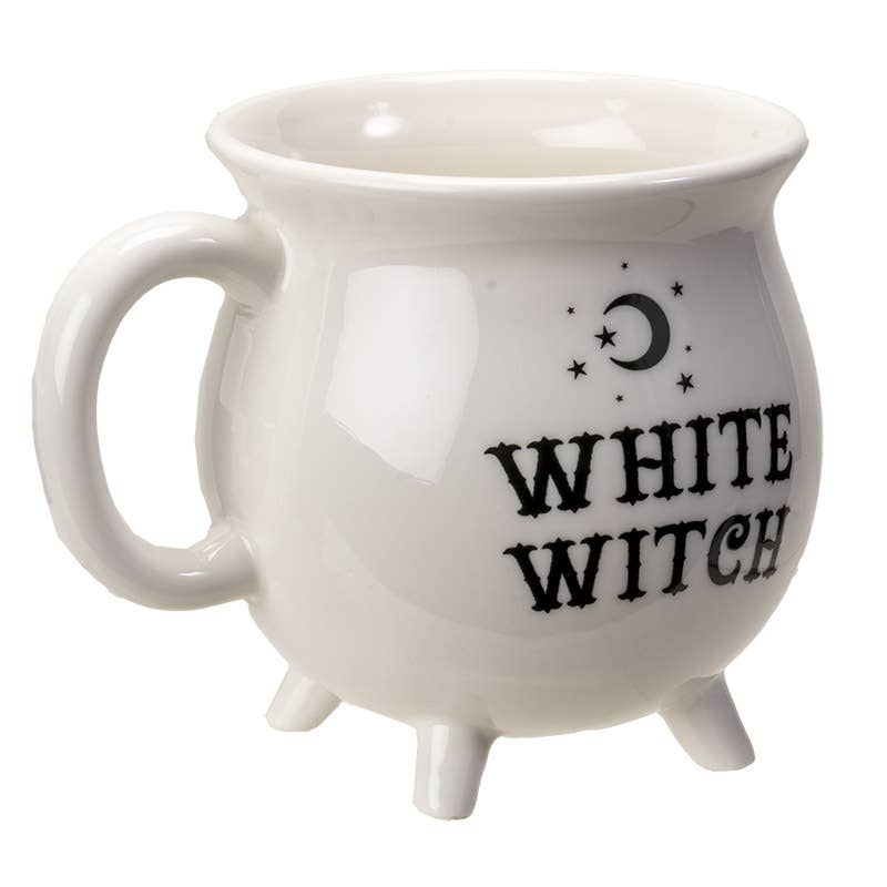 White mug with 'White Witch' text and moon design on a white background