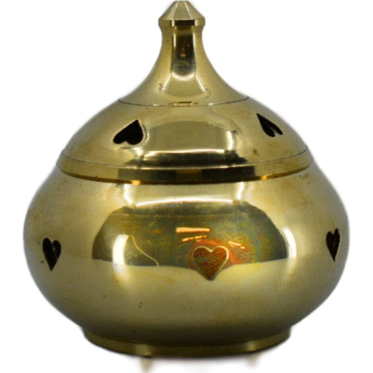 Small gold brass incense burner with heart-shaped holes.