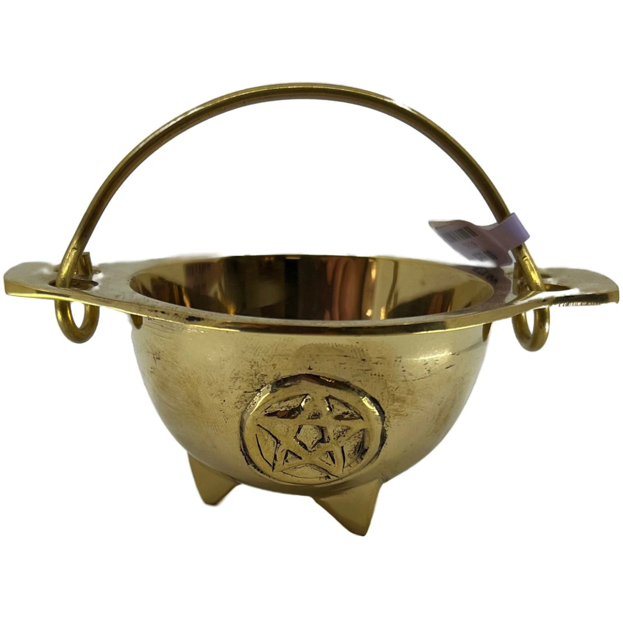 Small gold brass cauldron with a pentagram design and a metal handle.
