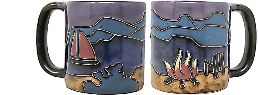Two mugs with scenic designs of a campfire and a sailboat