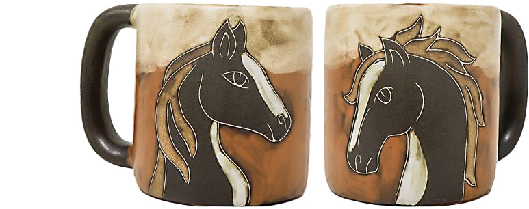 Two ceramic beige mugs with horse designs on a white background