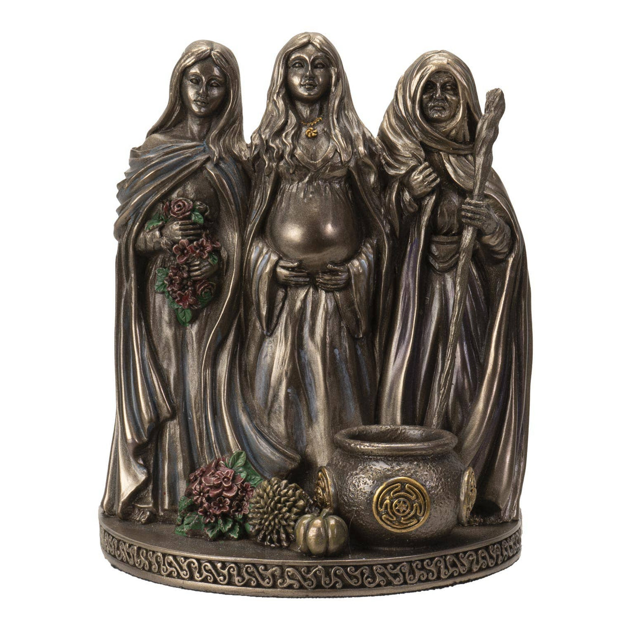 Bronze figurine of three hooded figures with a cauldron and flowers on a white background