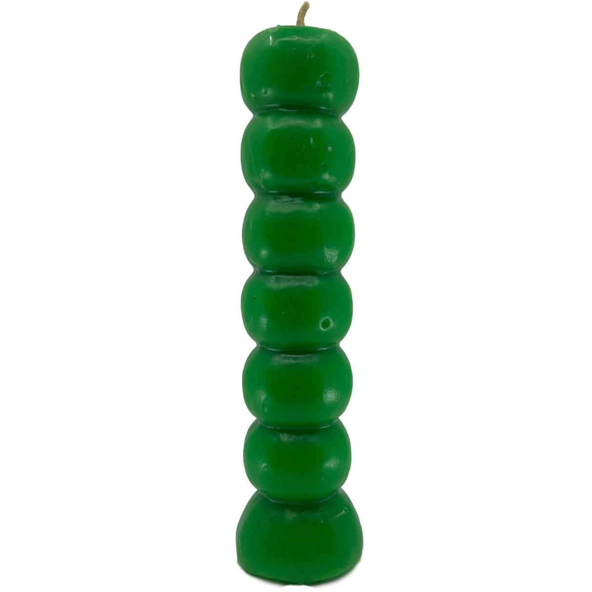 Green, ribbed candle with a flared base.