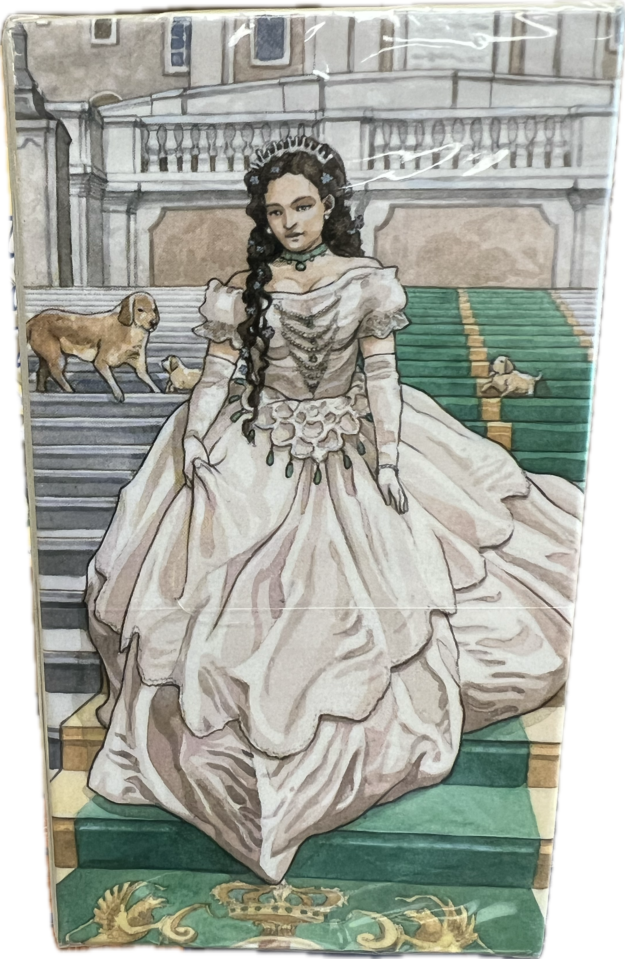 Full image of woman in victorian dress walking down stairs 