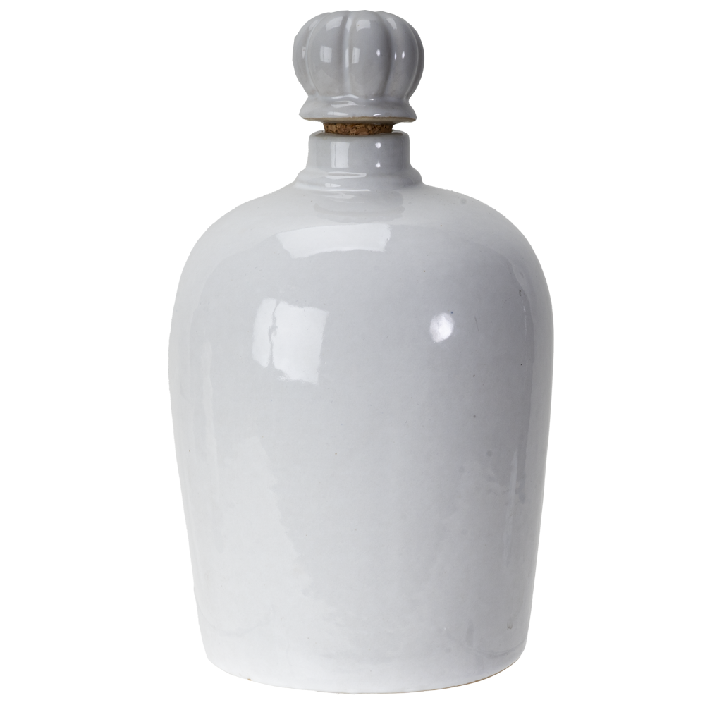 A glossy white ceramic bottle with a ribbed screw-top lid, shown against a plain white background.