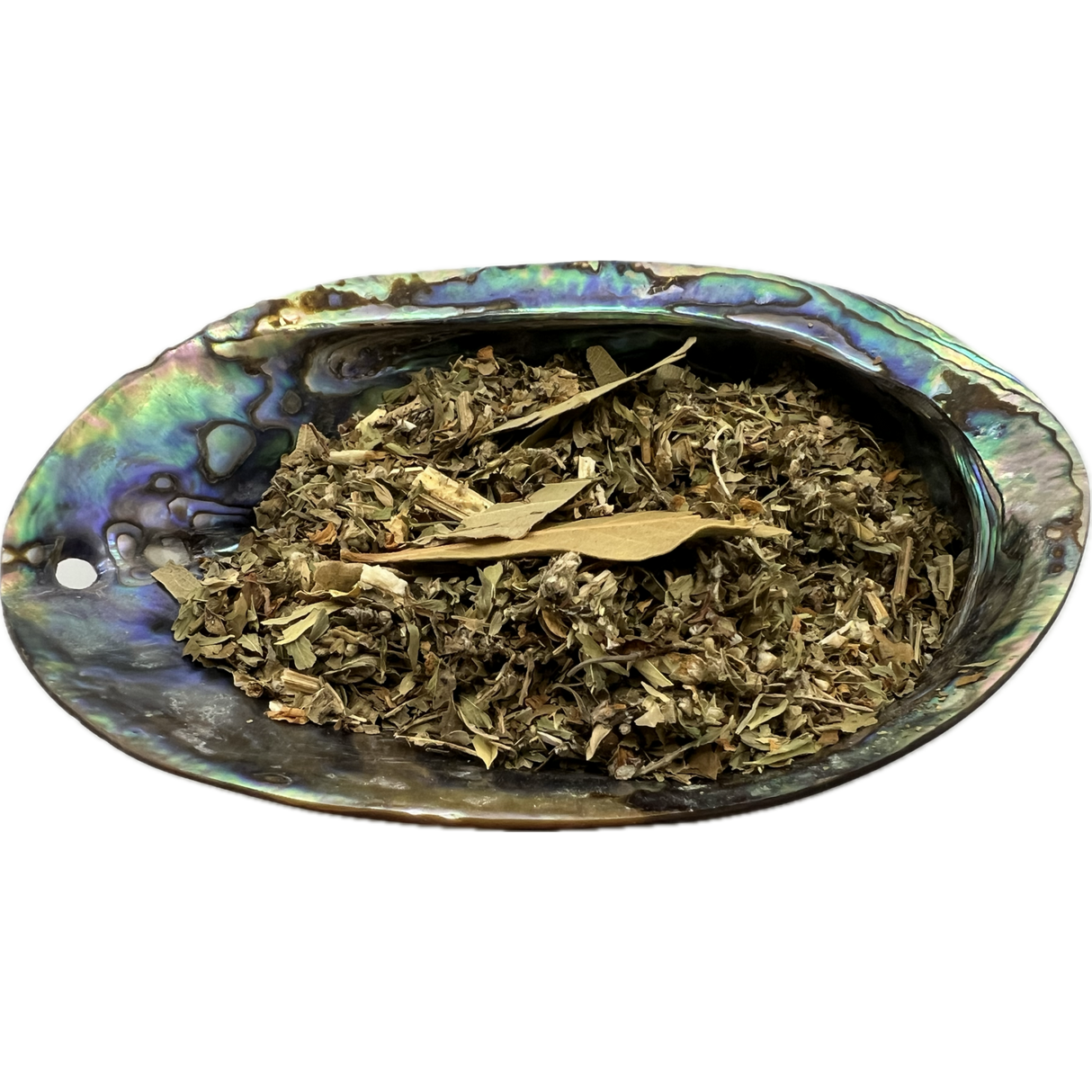 Abundance Herb Mix Bag - Dried mixed herbs called Abundance Herb Mix placed on a colorful shell bowl