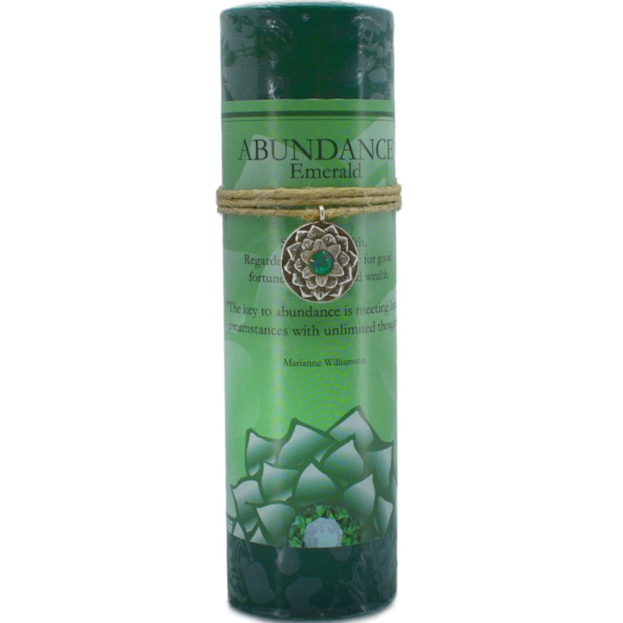Abundance candle with green label and emerald pendant.