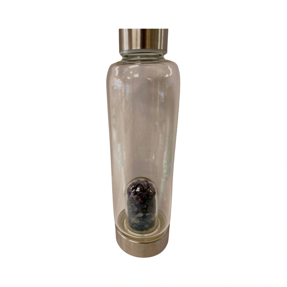 Amethyst Gemstone Infusion Glass Water Bottle with stainless steel cap and base.