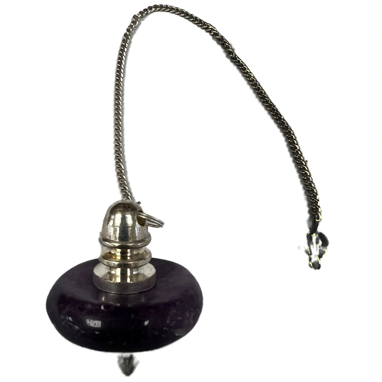Purple amethyst pendulum with a silver chain.