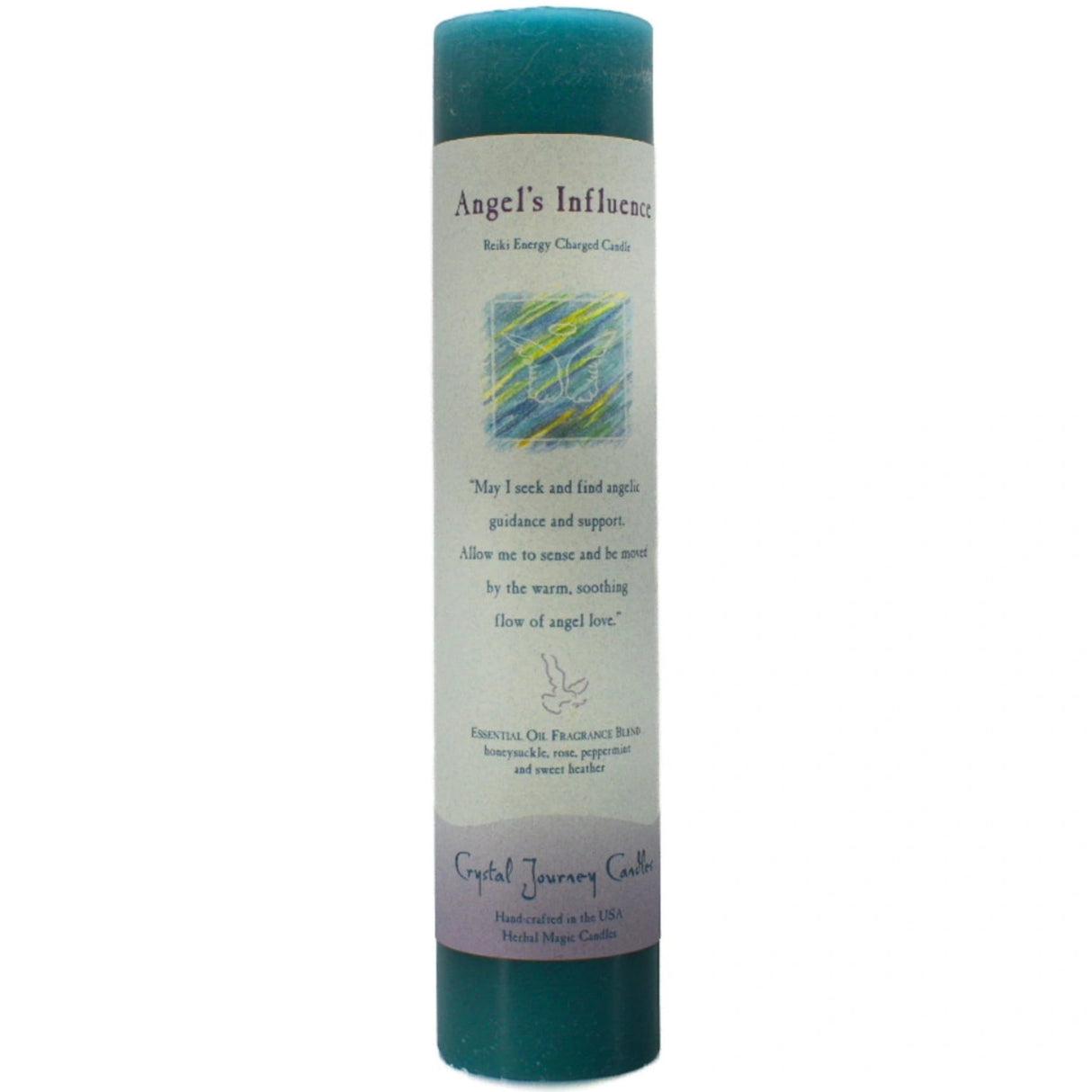 Teal pillar candle with "ANGEL'S INFLUENCE" label.