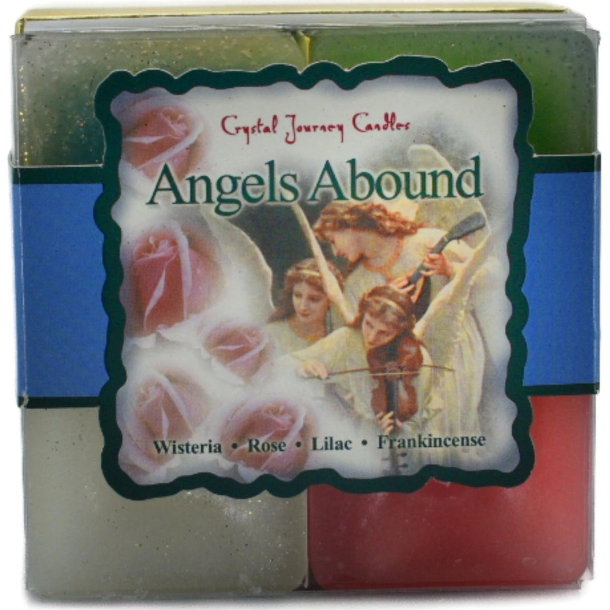 Angels Abound Candle Set with purple, white, green, and red candles.