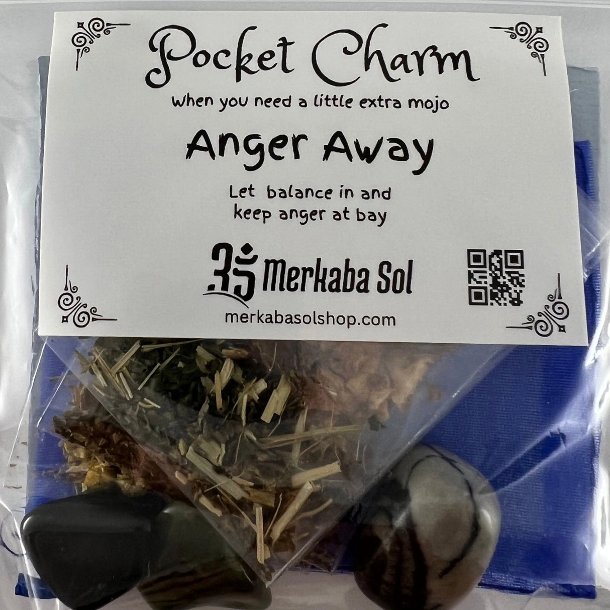 Anger Away Pocket Charm Kit with Transparent packaging, White label, and Black text.