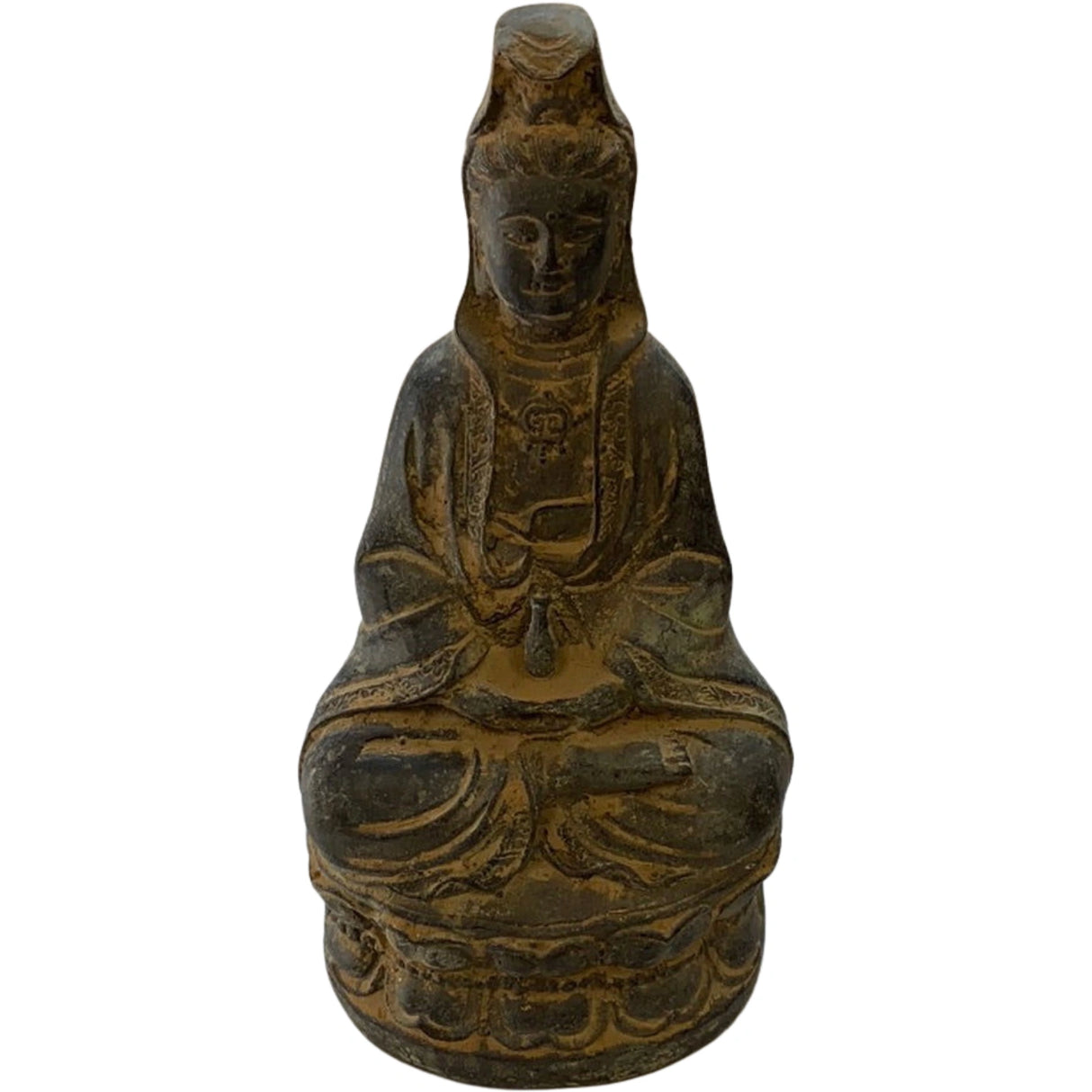 Antique bronze statue of Guanyin seated on a lotus base.