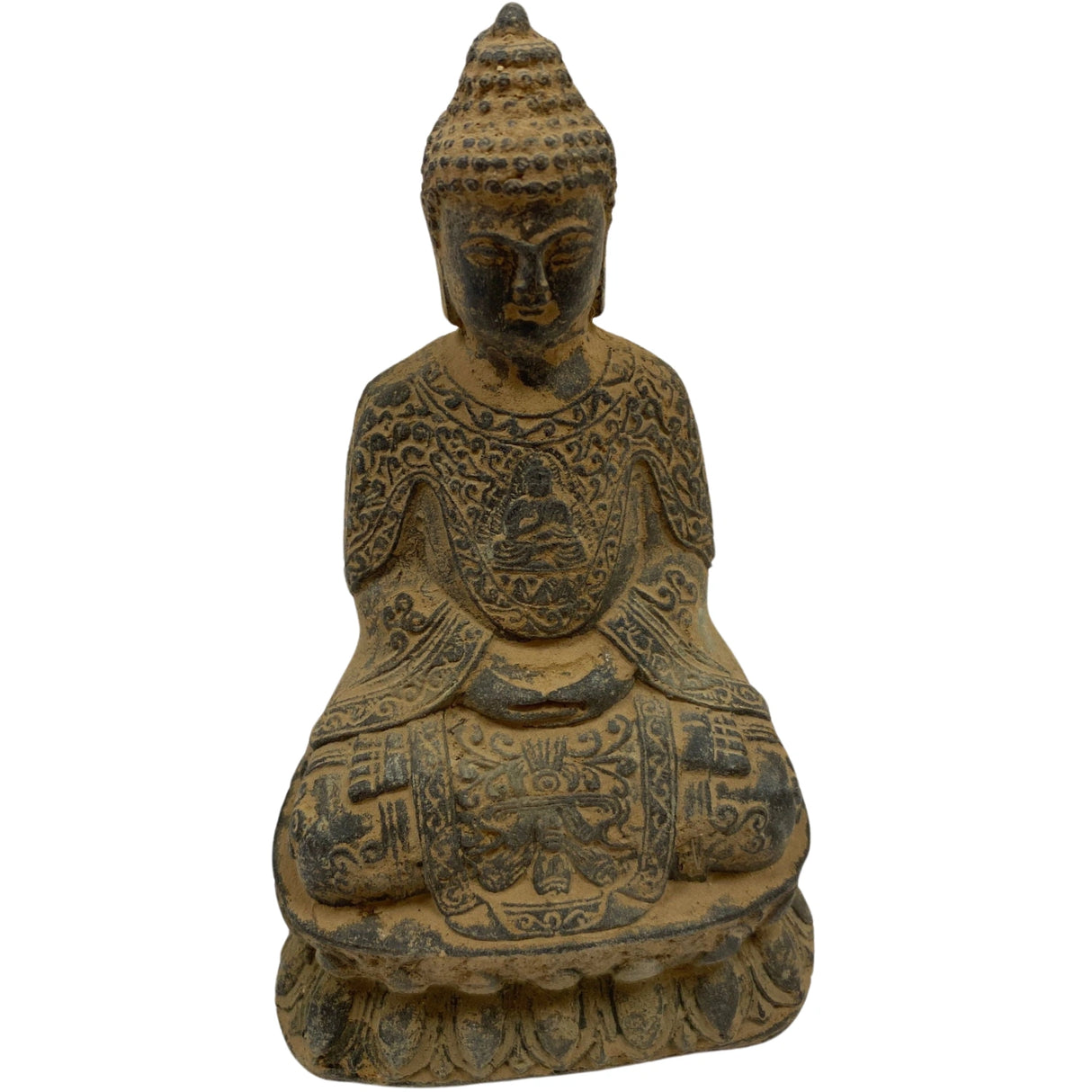 Antique bronze Buddha statue seated in meditation pose, with intricate detailing on the robes and base.
