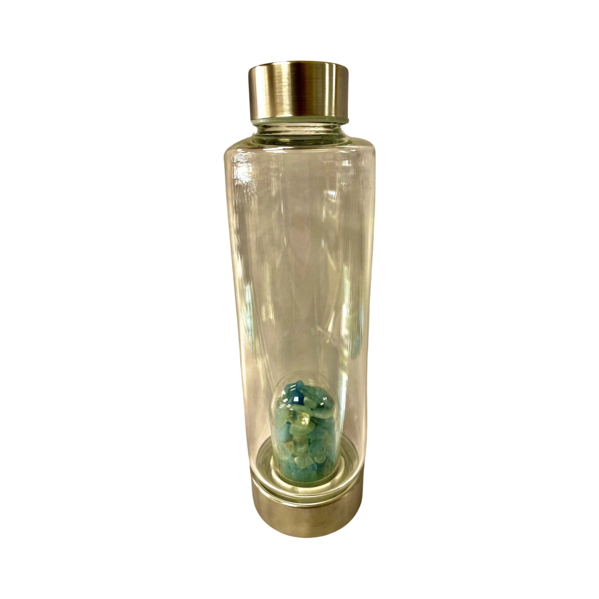 Aquamarine Gemstone Infusion Glass Water Bottle with stainless steel cap and base.