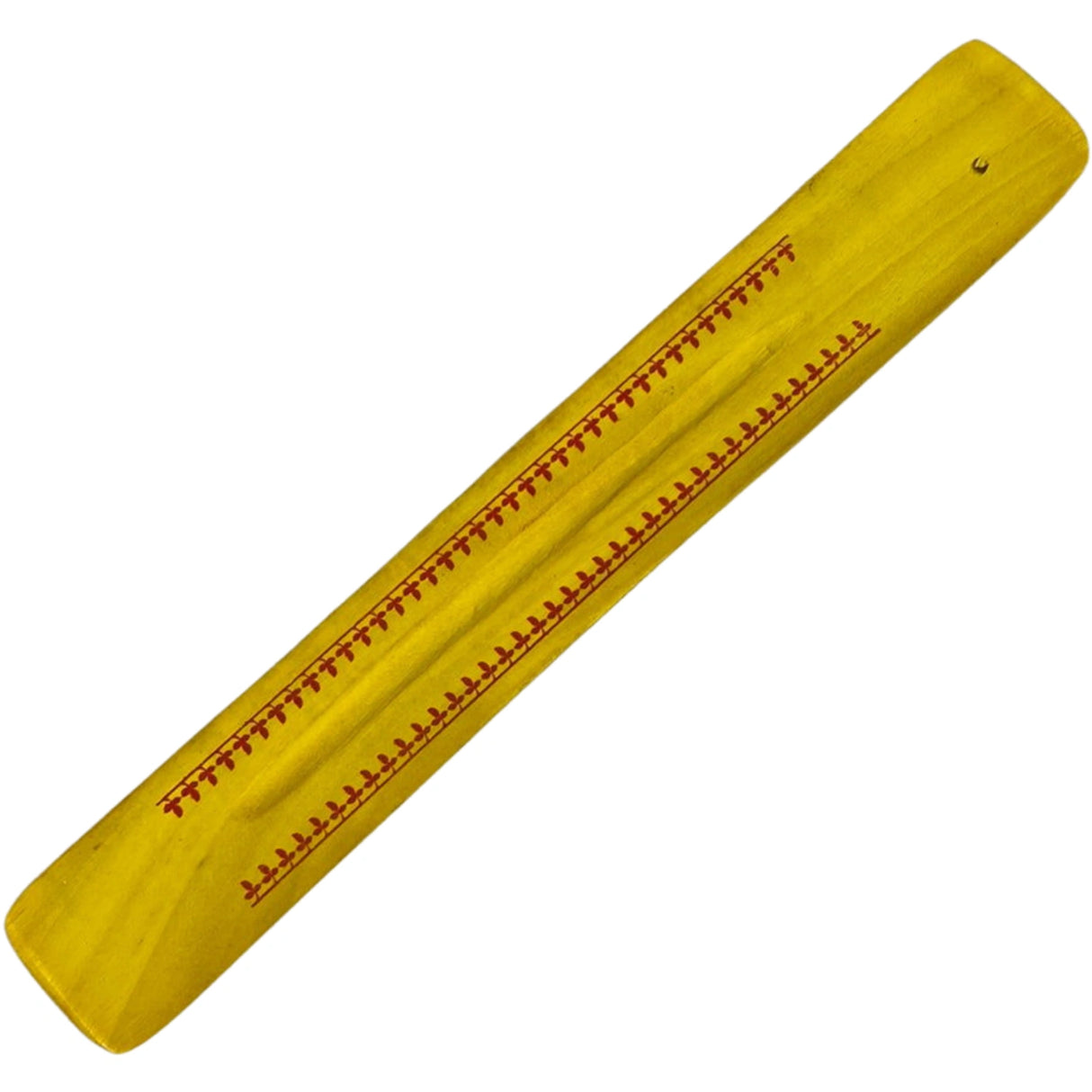 Long yellow wooden incense burner with red floral designs.