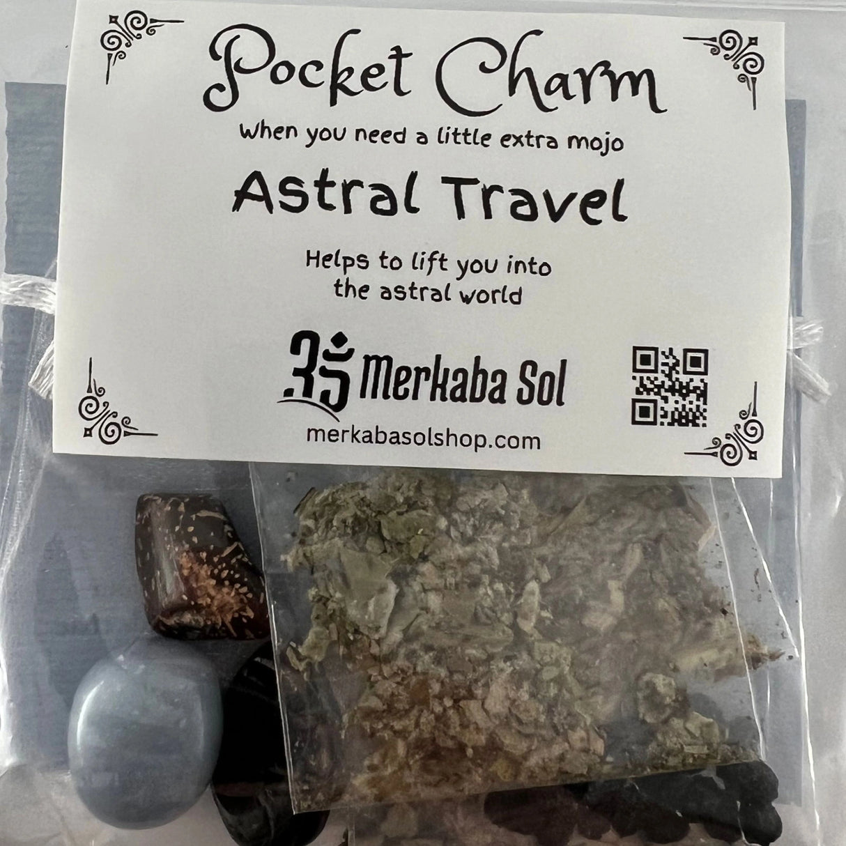Astral Travel Pocket Charm Kit with Transparent packaging, White label, and Black text.