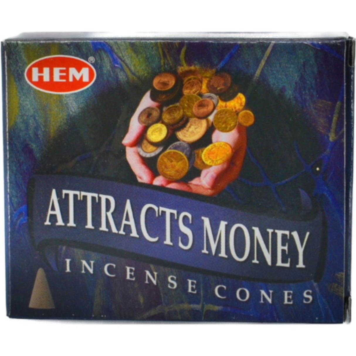 Attracts Money Incense Cones in a blue box.