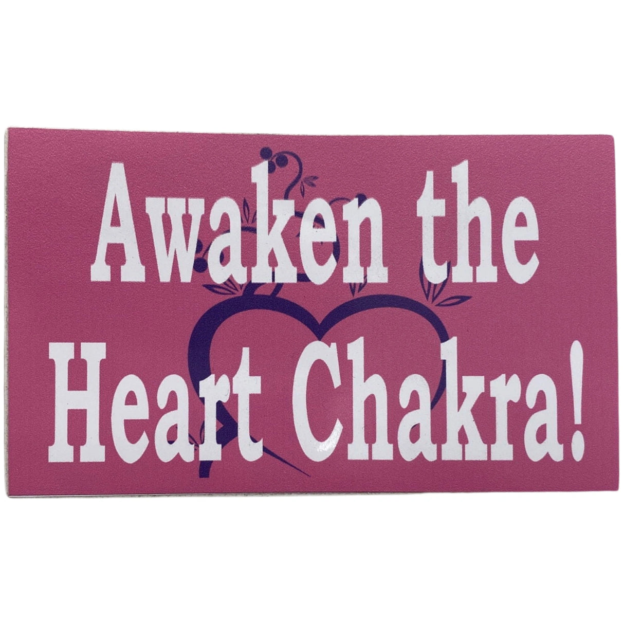 Awaken the Heart Chakra sticker, pink background with blue art and white text.