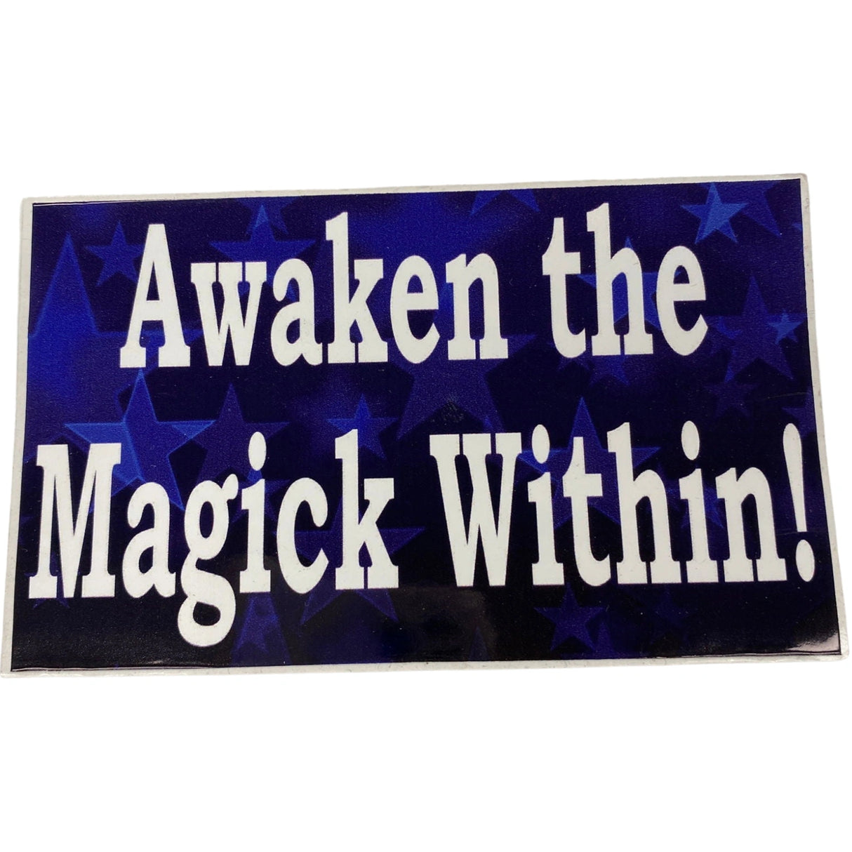 Awaken the Magick Within sticker, blue background with white text and stars.