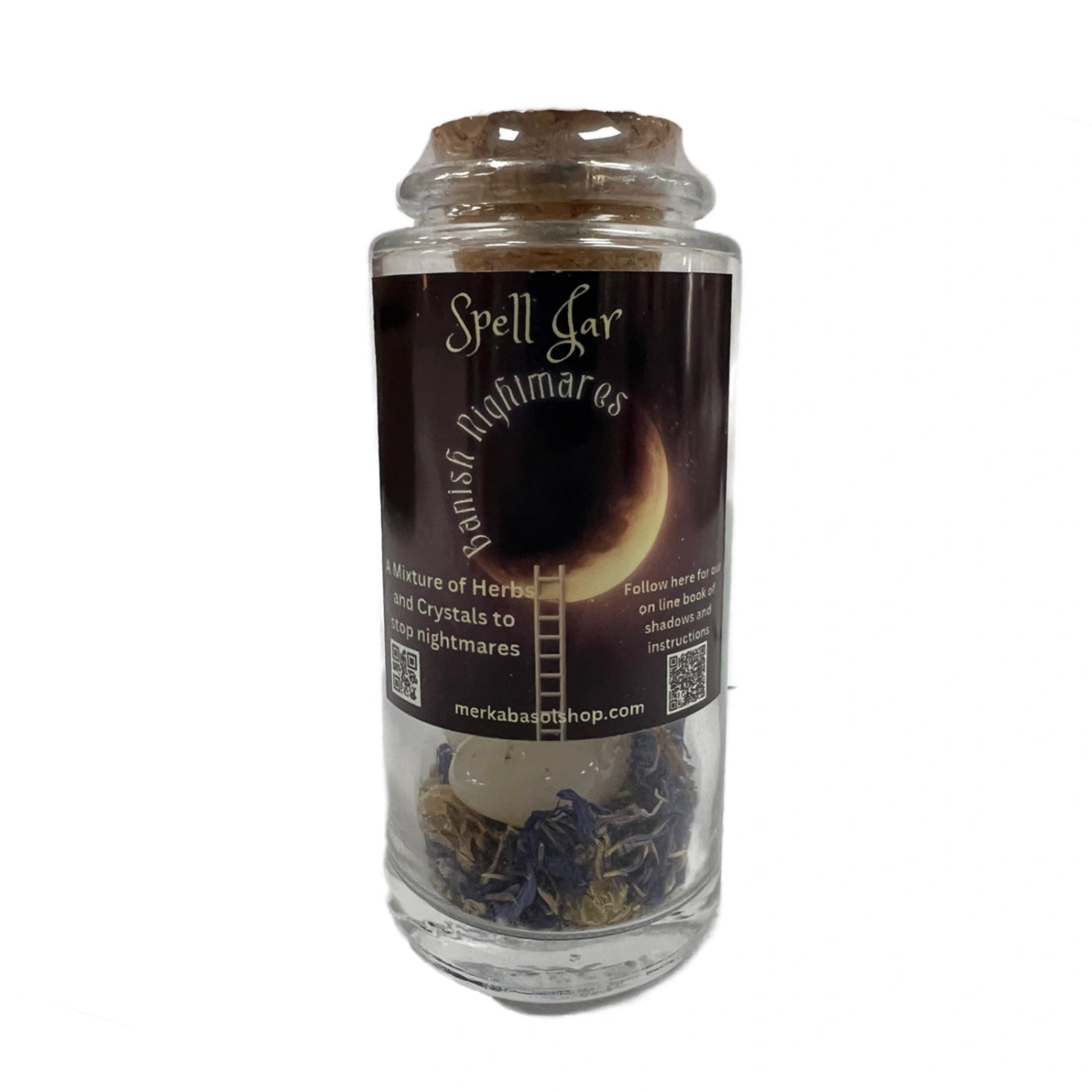 Banish Nightmares Spell Jar filled with herbs and crystals.