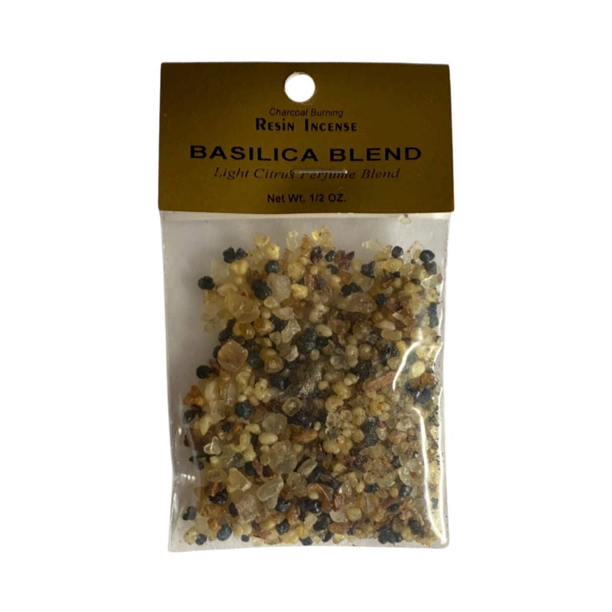 Basilica Blend Resin Incense in a clear plastic bag.