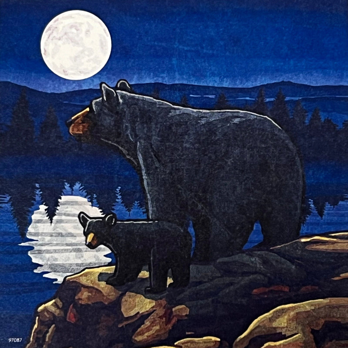 Bears Magnet featuring a mother bear and her cub standing on a cliff overlooking a lake, with a full moon in the sky.