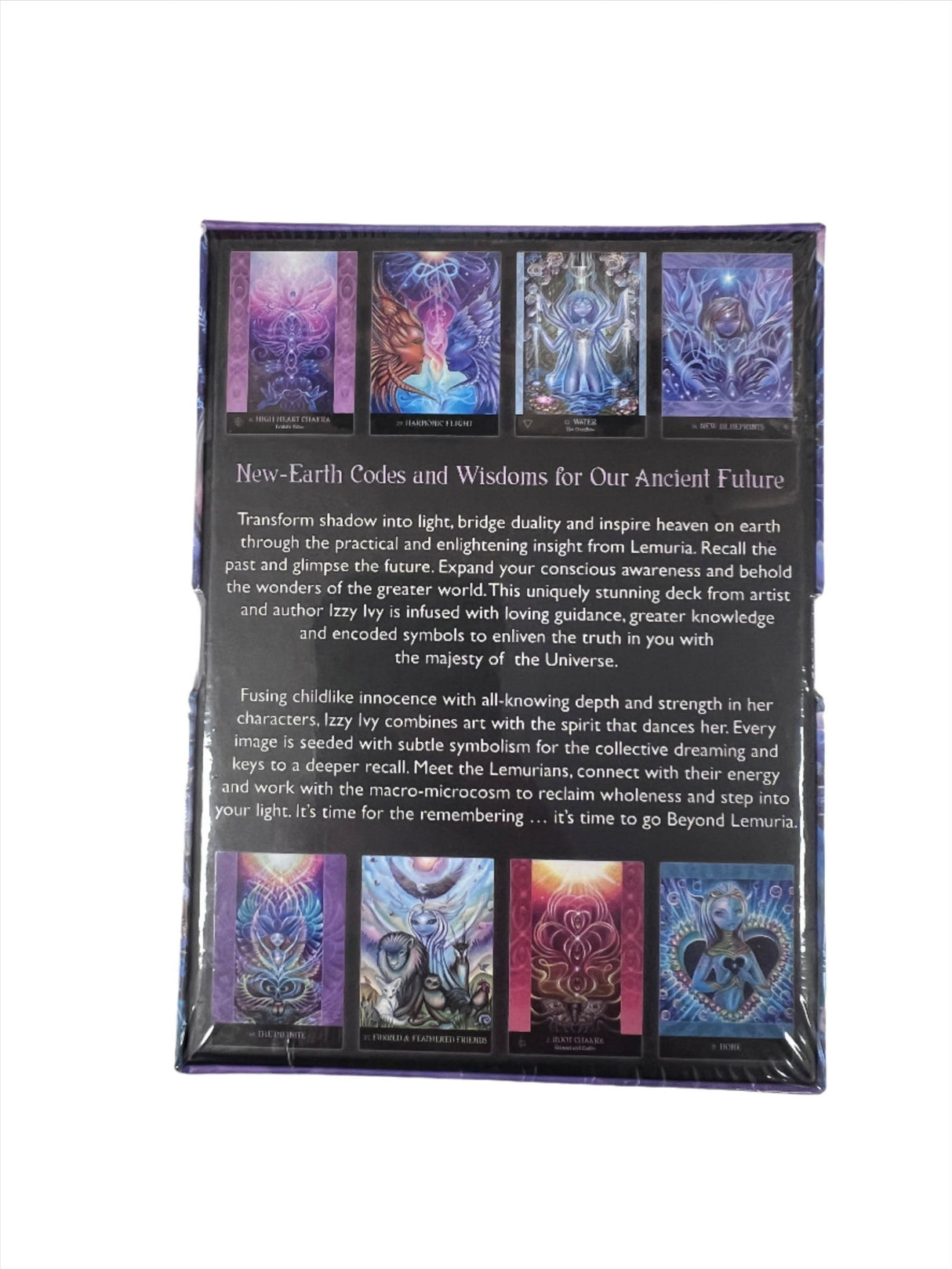 Beyond Lemuria Oracle Cards - Back of box has images of cards with descriptions beyond lemur oracle cards