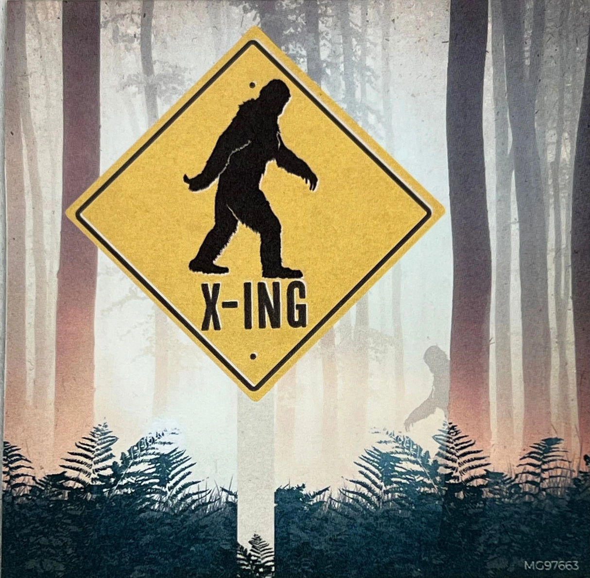Bigfoot Crossing magnet with yellow warning sign and silhouette of Bigfoot.