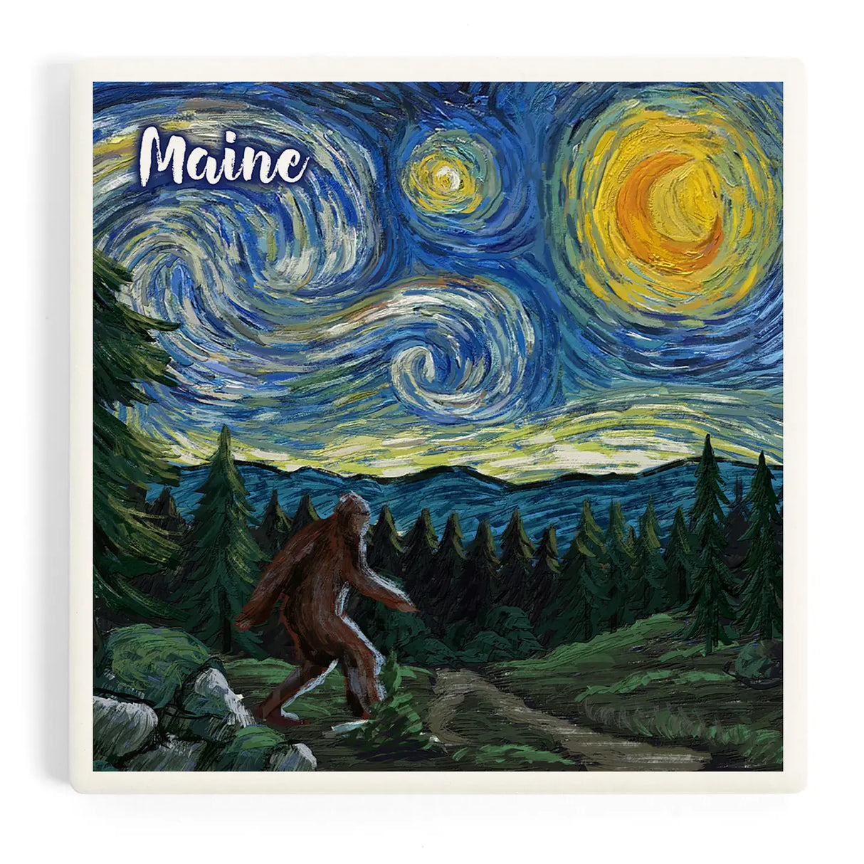 Bigfoot Starry Night Maine Ceramic Coaster