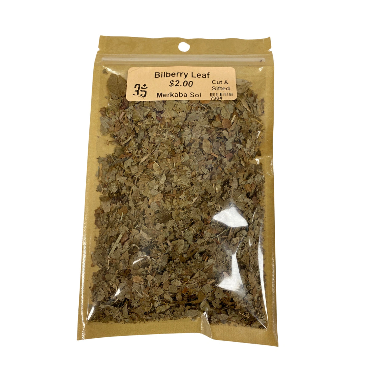 Dried Bilberry Leaf in a clear plastic bag.