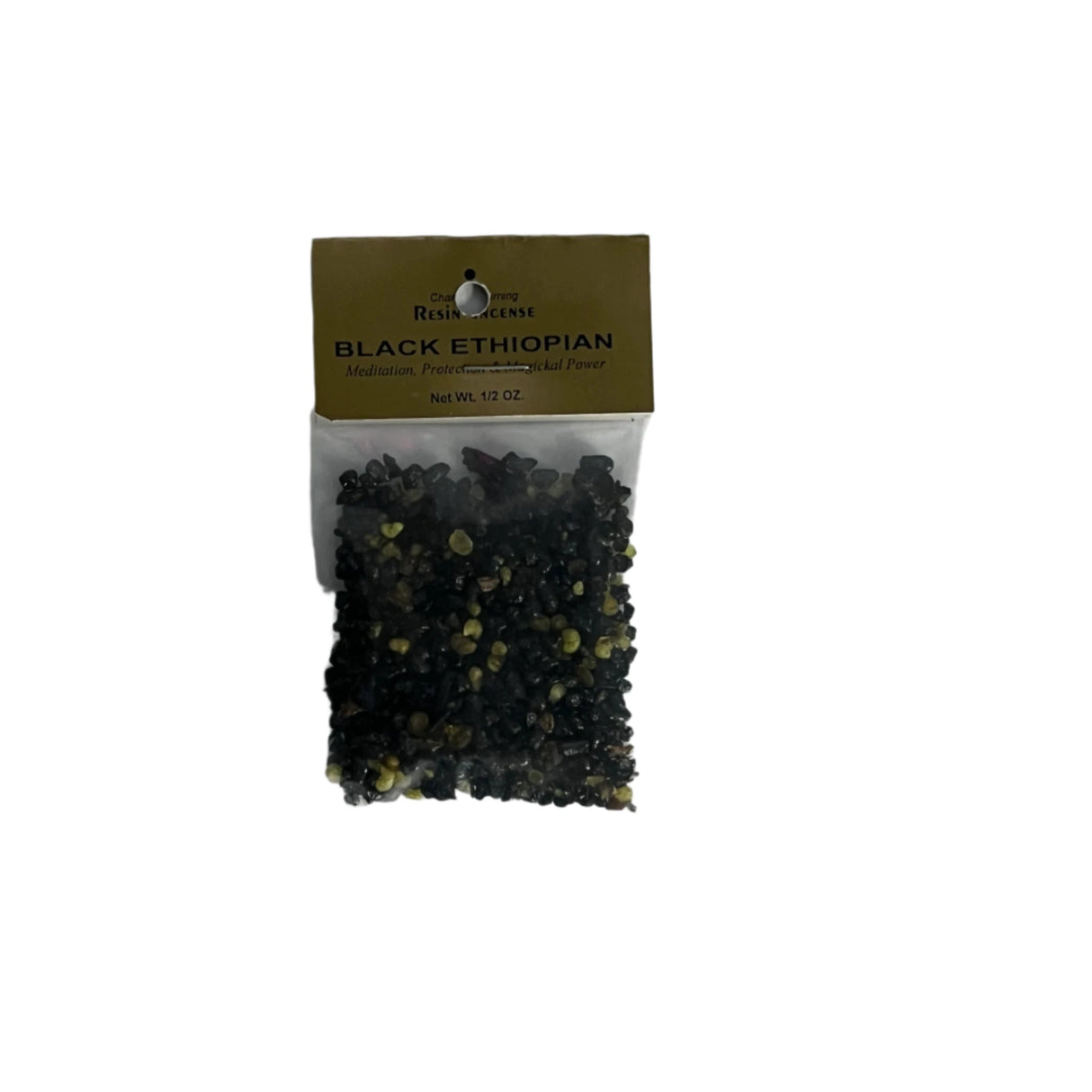 Black Ethiopian Resin transparent bag filled with dark resin held together with gold cardboard label