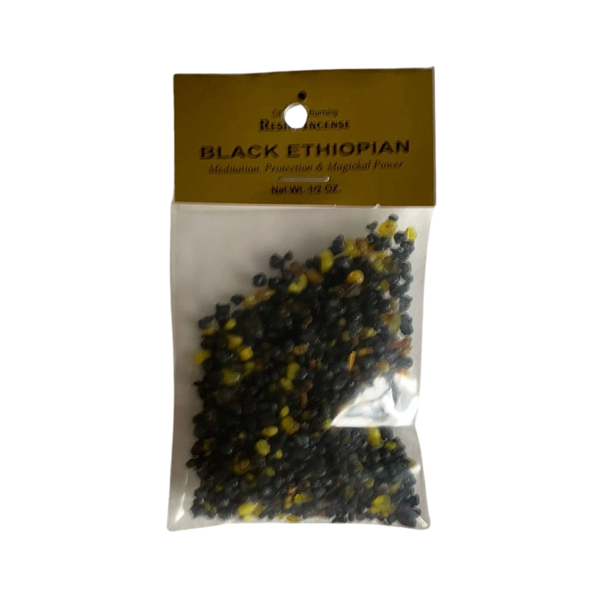 Black Ethiopian Resin Incense in a clear plastic bag.