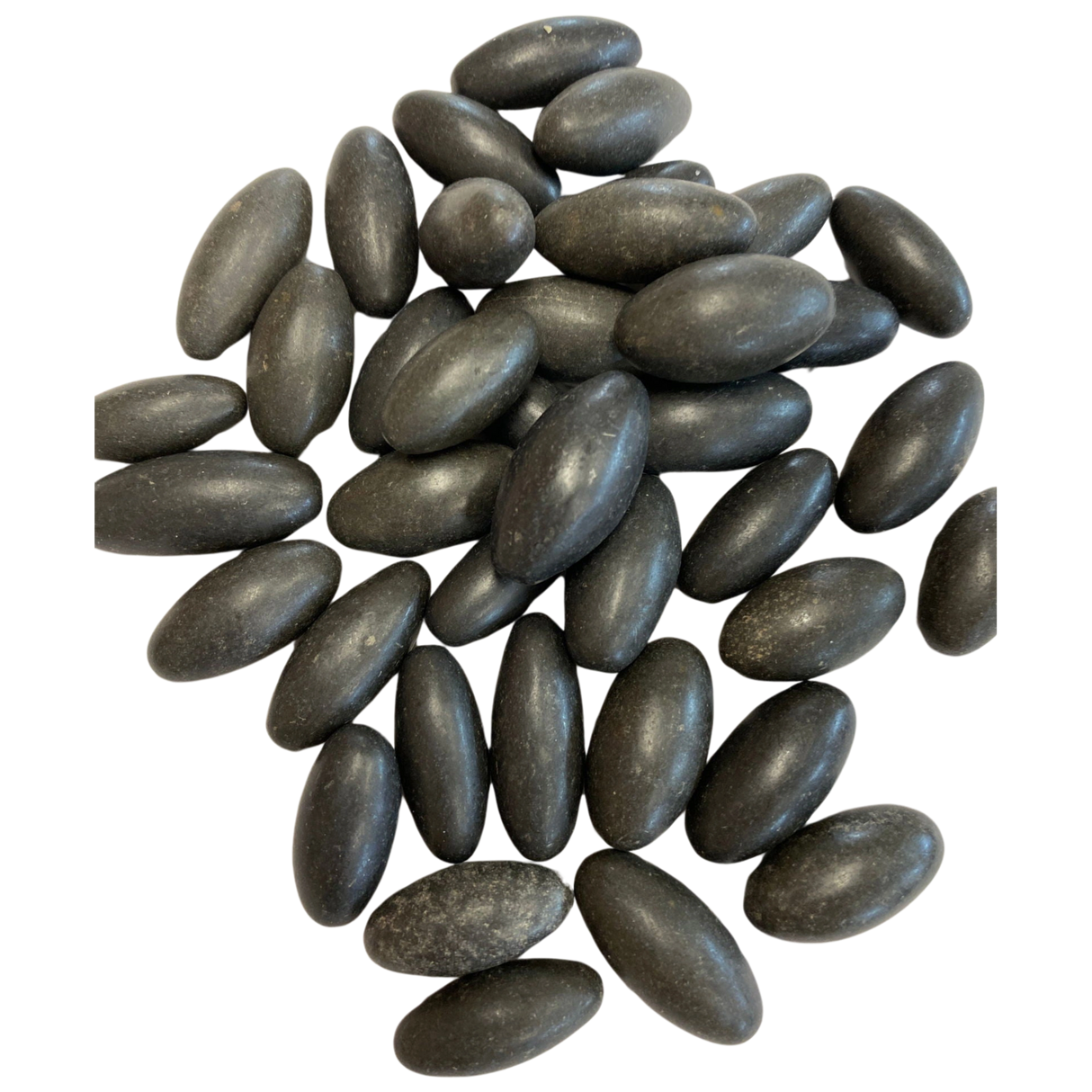 Smooth, black, football-shaped stone with natural markings resembling a spiral.