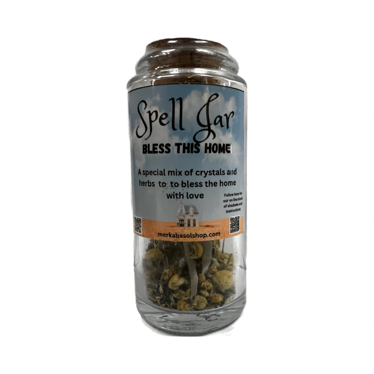 Bless This Home Spell Jar filled with herbs and crystals.