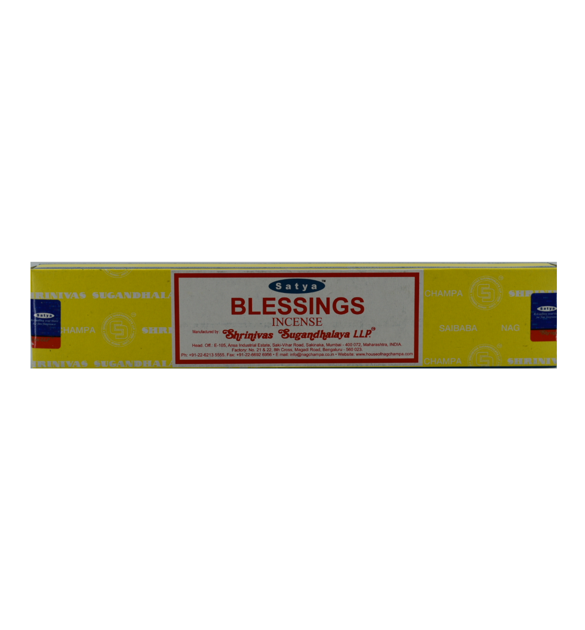 Blessings Incense Sticks. The box is yellow with a rectangle in the center. The rectangle is white with a red frame inside the white border. In a blue oval at the top of the rectangle is the company name Satya. Below it is the title Blessings Incense. Below that is the manufacturers information.