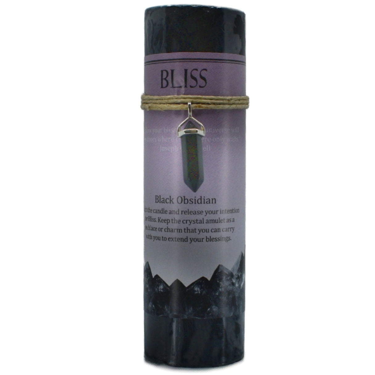 Black candle with "BLISS" label and black obsidian pendant.