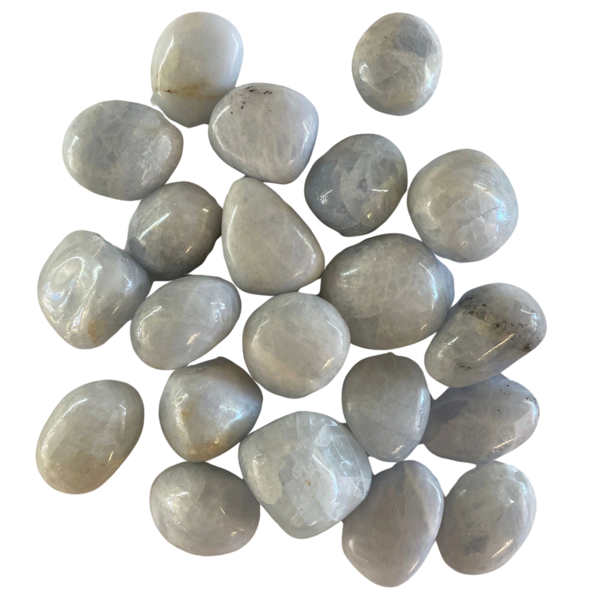 Blue calcite tumbled stones, smooth and polished.