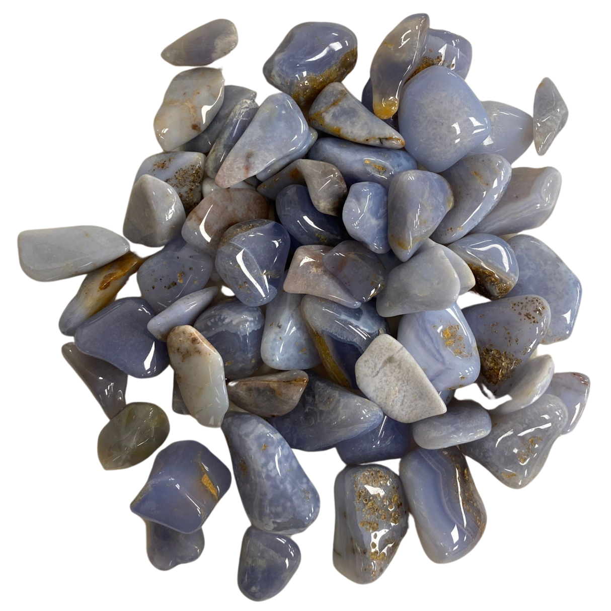 Blue chalcedony tumbled stones, smooth and polished with some brown markings.