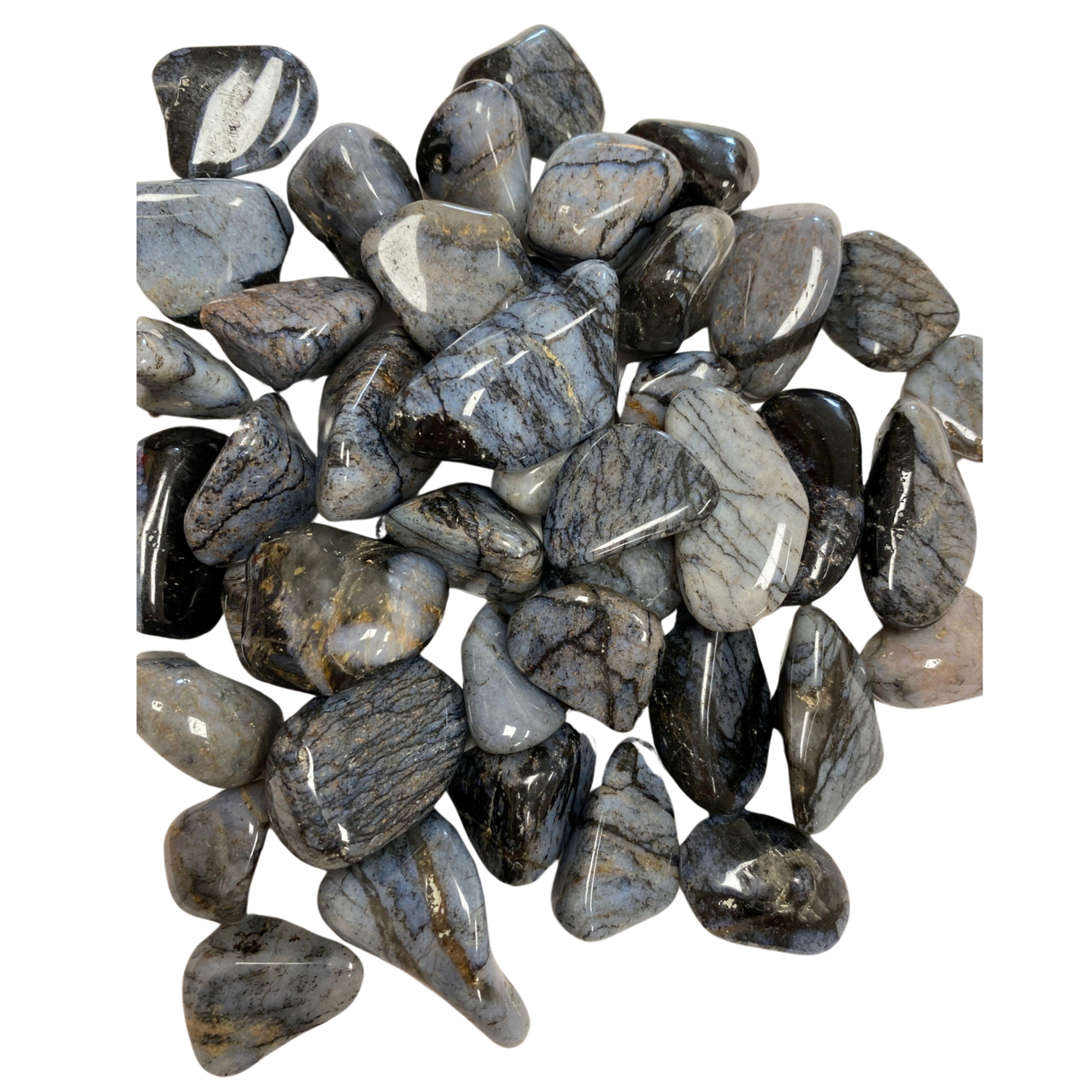 Grayish-blue chert tumbled stones with white and black patterns, smooth and polished.