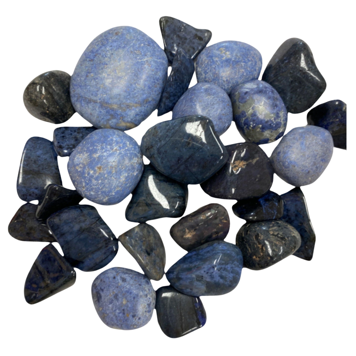 Blue dumortierite tumbled stones, smooth and polished with some darker blue and black markings.