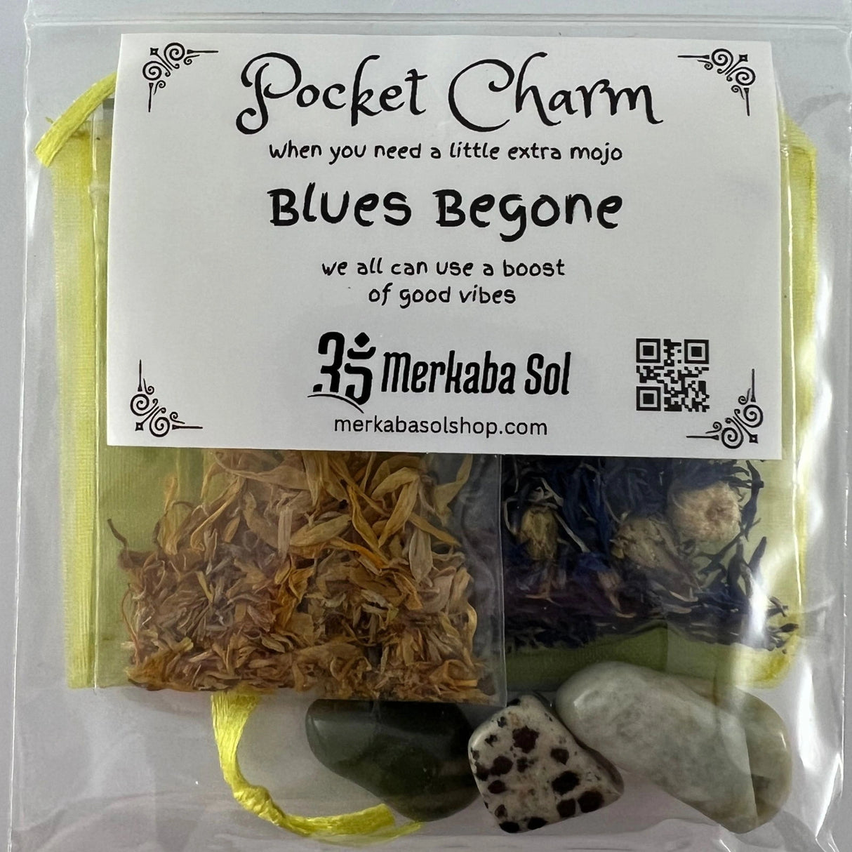 Blues Begone Pocket Charm Kit with Transparent packaging, White label, and Black text.