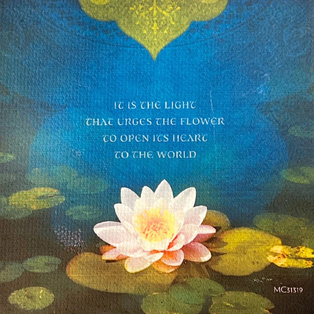 Bouquet of Light Canvas Magnet with a white lotus flower in a pond, surrounded by water lilies and leaves. The text "It is the light that urges the flower to open its heart to the world" is written in gold lettering above the flower.