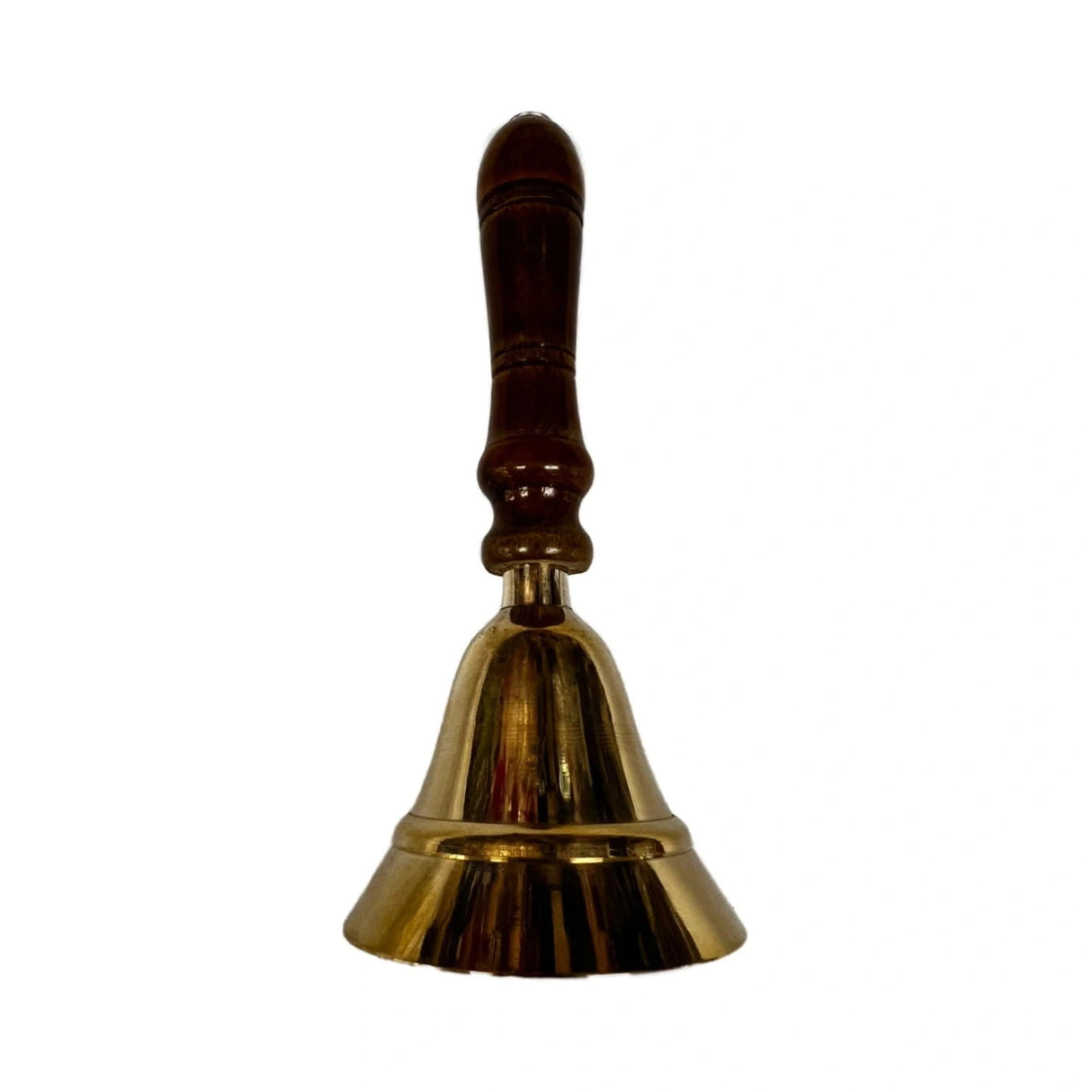 Brass bell with a wooden handle.
